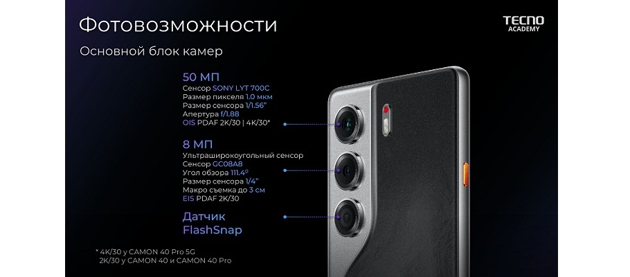 Система камер смартфона Tecno CAMON 40 Pro с сенсором Sony